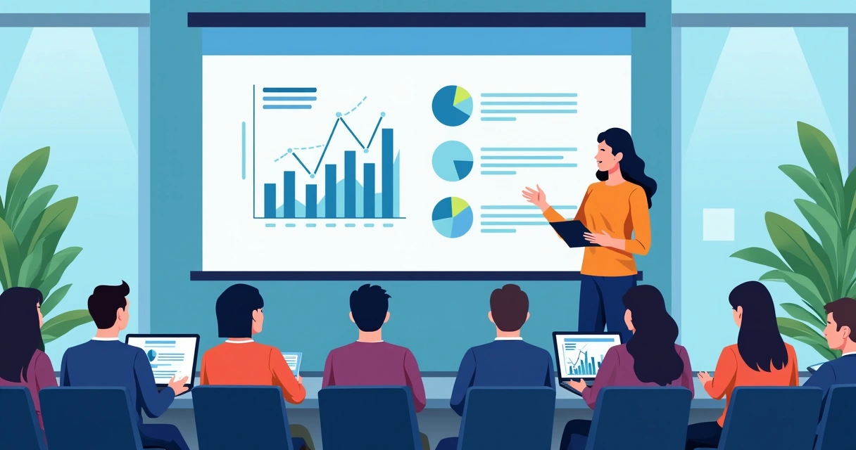 Apresentação de lançamento de um microSaaS, pessoas assistindo a um pitch digital com gráficos em destaque