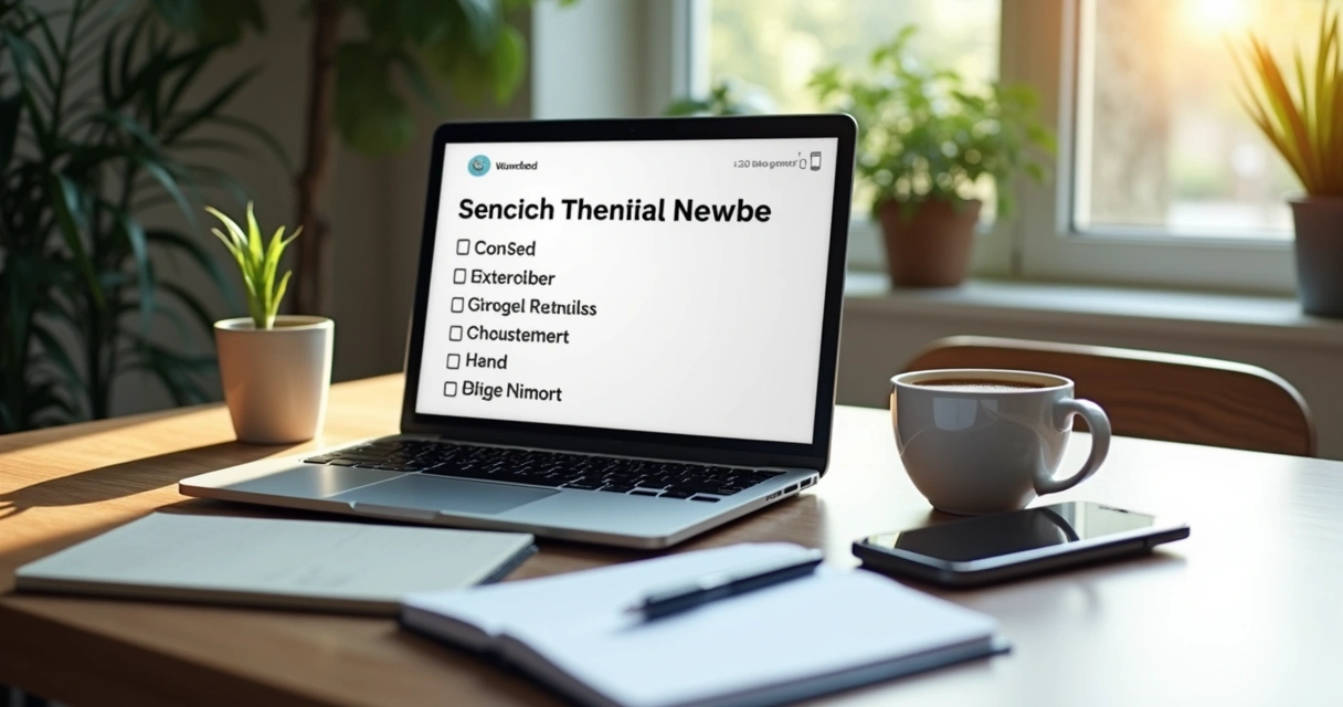 Mesa de trabalho moderna com laptop aberto mostrando uma checklist digital para lançamento de newsletter semanal, ao lado um bloco de notas, caneta, e um smartphone com email aberto, tudo em ambiente iluminado com luz natural e detalhes de café e plantas 