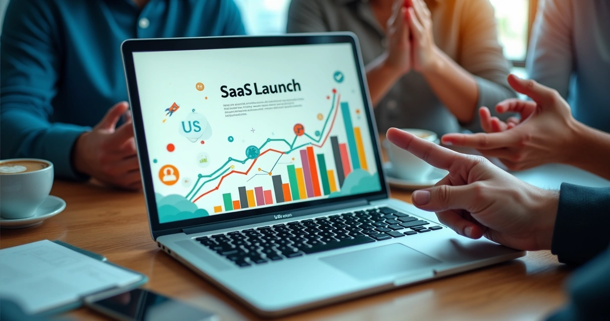 Notebook com gráfico de SaaS em crescimento sendo exibido em apresentação