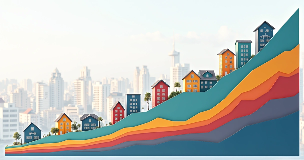 Gráfico colorido mostrando as fases típicas do setor imobiliário com pequenas maquetes de prédios e casas sobrepostas ao gráfico 