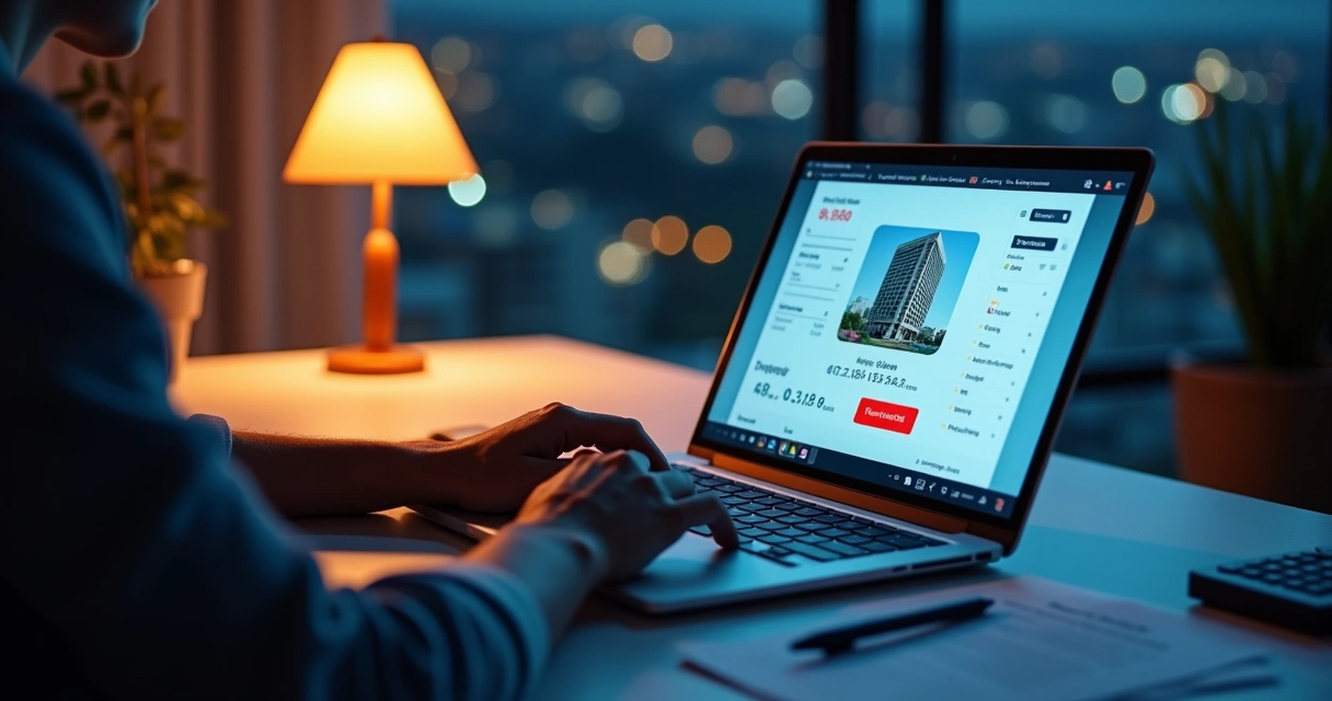 Pessoa dando lance em leilão de imóvel online em notebook com destaque para valores e tempo final 