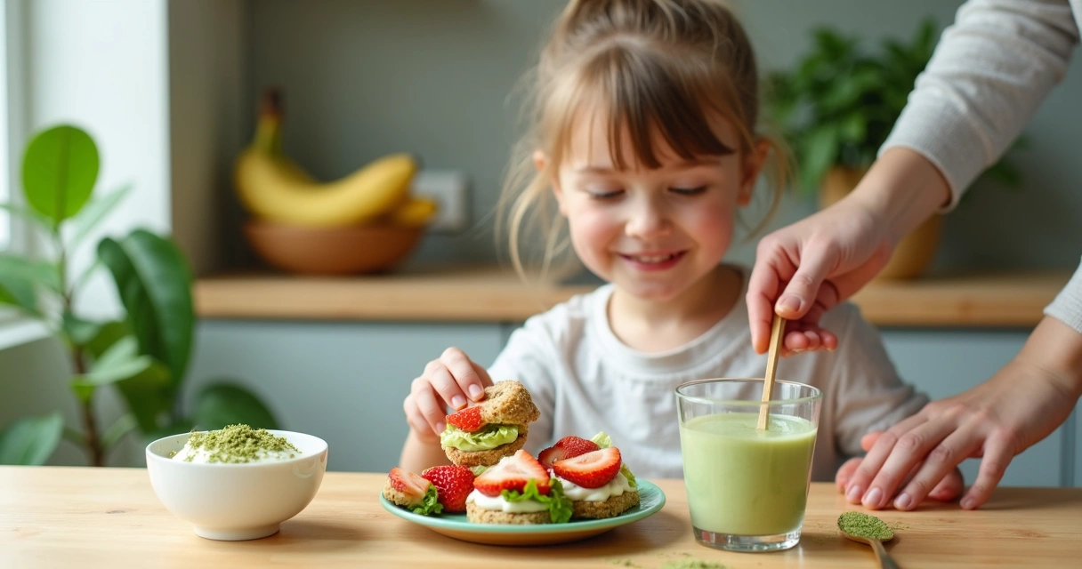 Criança comendo lanche saudável com moringa em uma mesa de cozinha 