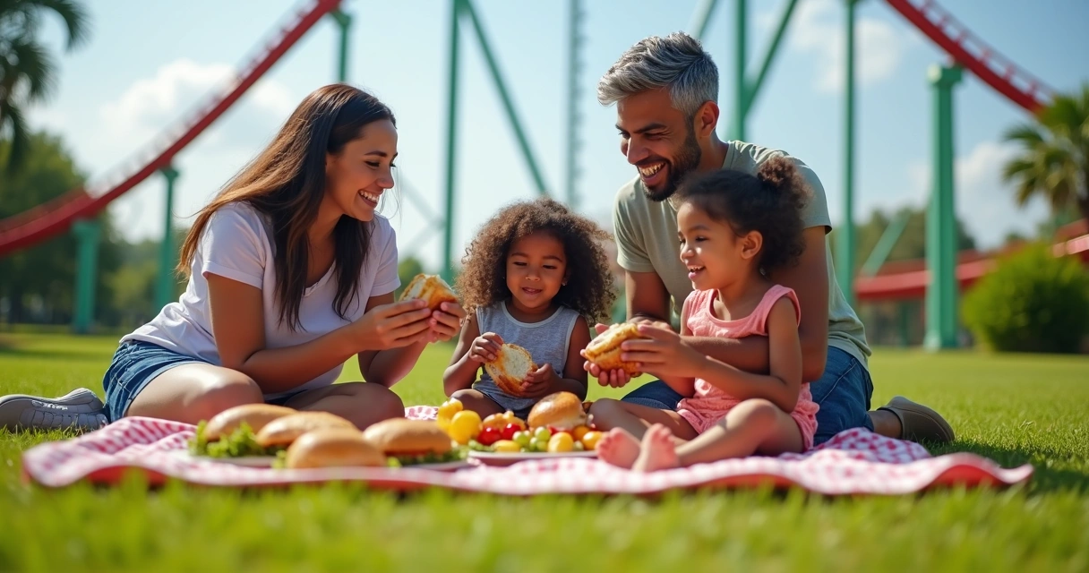 Família brasileira fazendo piquenique no parque temático em Orlando 