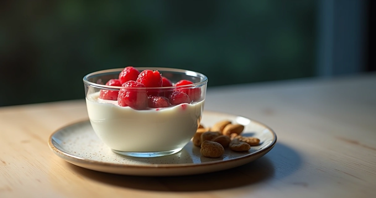 Lanche noturno saudável com iogurte e frutas vermelhas 
