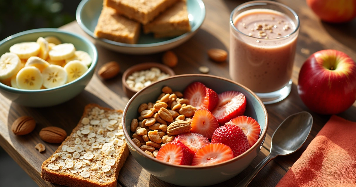 Lanches de pré-treino variados em uma mesa de madeira 