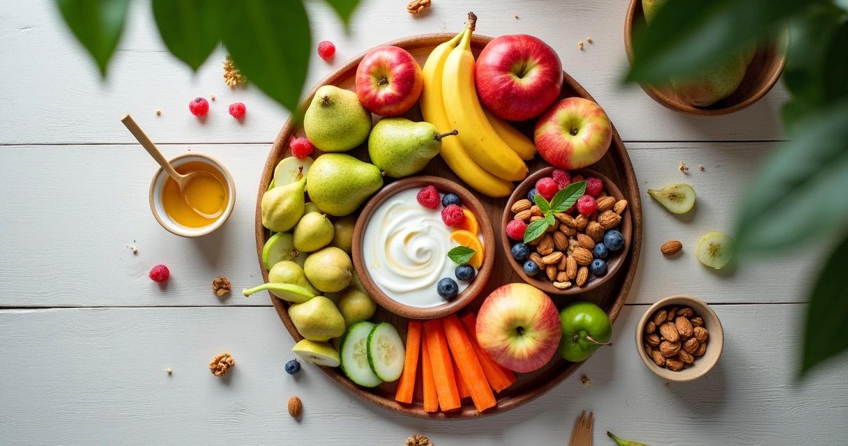 Prato de lanche saudável com frutas, castanhas, iogurte e vegetais em uma mesa de madeira clara.