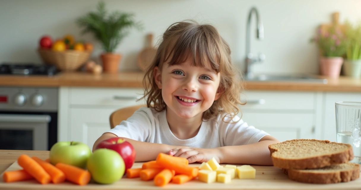 Criança sorrindo com lanche saudável e colorido 
