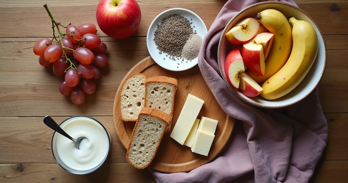 Mesa de madeira com lanche saudável para gestante, incluindo frutas, pão integral, iogurte e sementes 