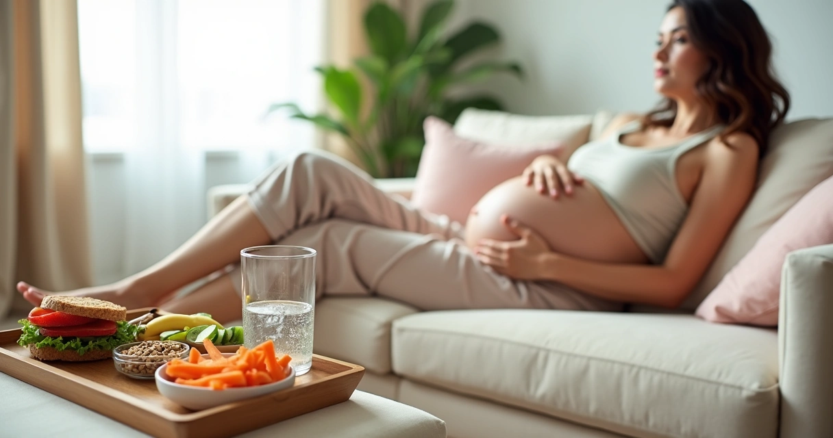 Gestante relaxando no sofá com lanche saudável colorido em bandeja 