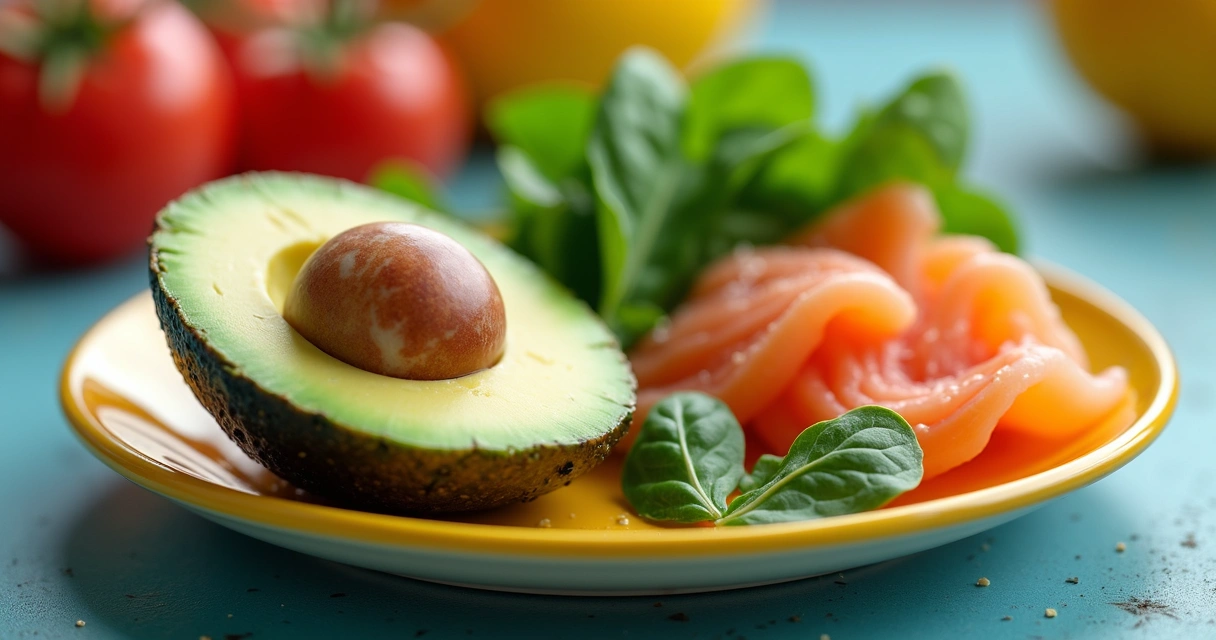 Lanche saudável com abacate, espinafre e salmão em fundo alegre 