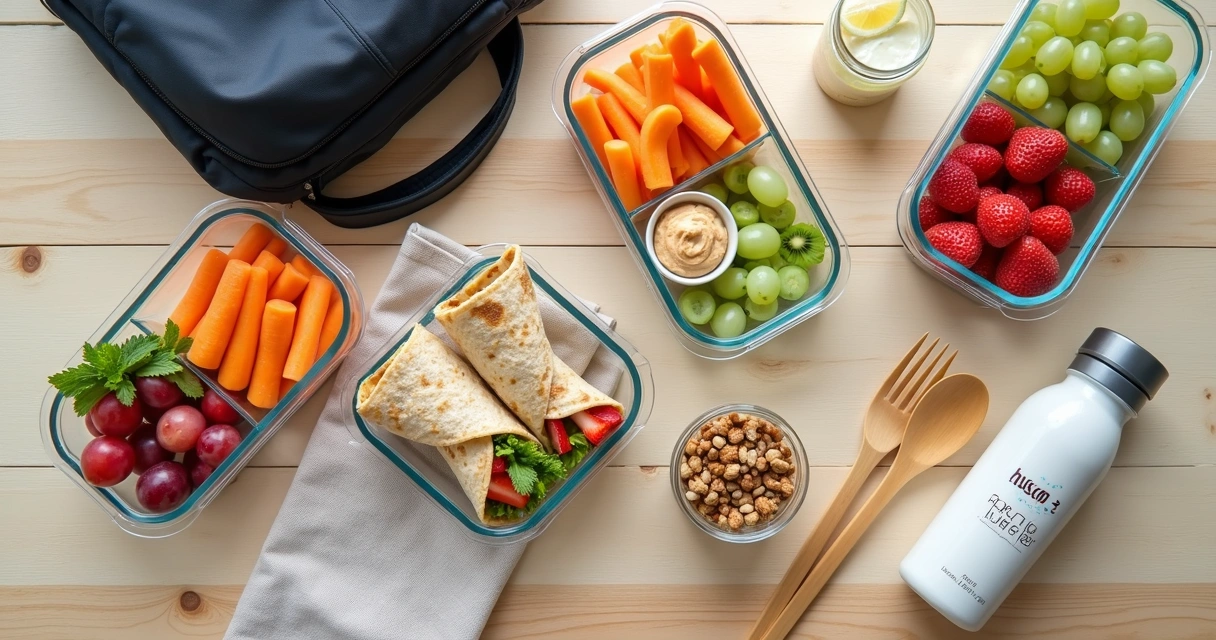 Lanche variado sem lactose organizado em marmitas sobre mesa de madeira 