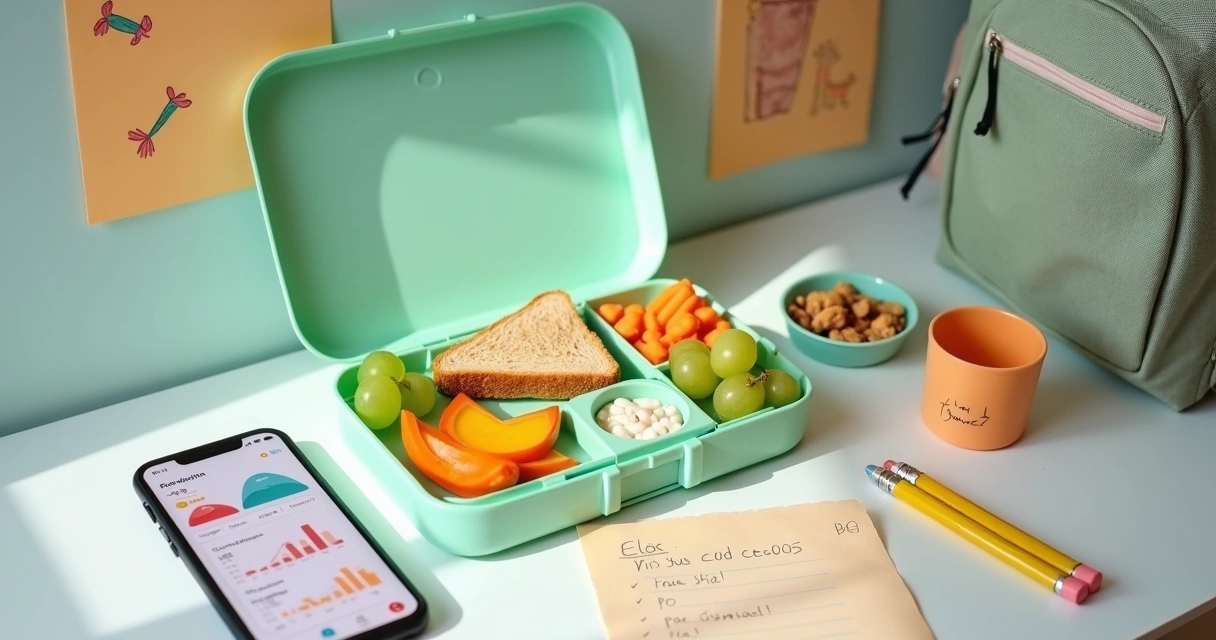 Lancheira escolar aberta com lanches coloridos e lista de compras ao lado 