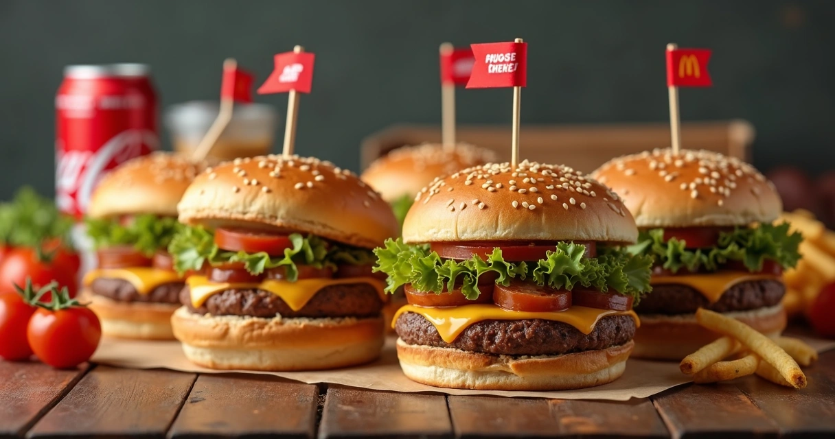 Burgers e lanches em embalagens de delivery sobre mesa de madeira 