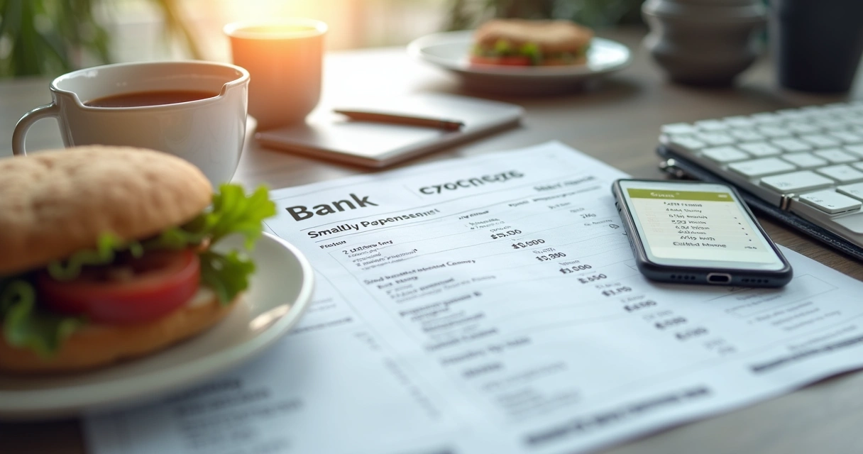 Copo de café e lanche sobre mesa de escritório, com extrato bancário ao lado 