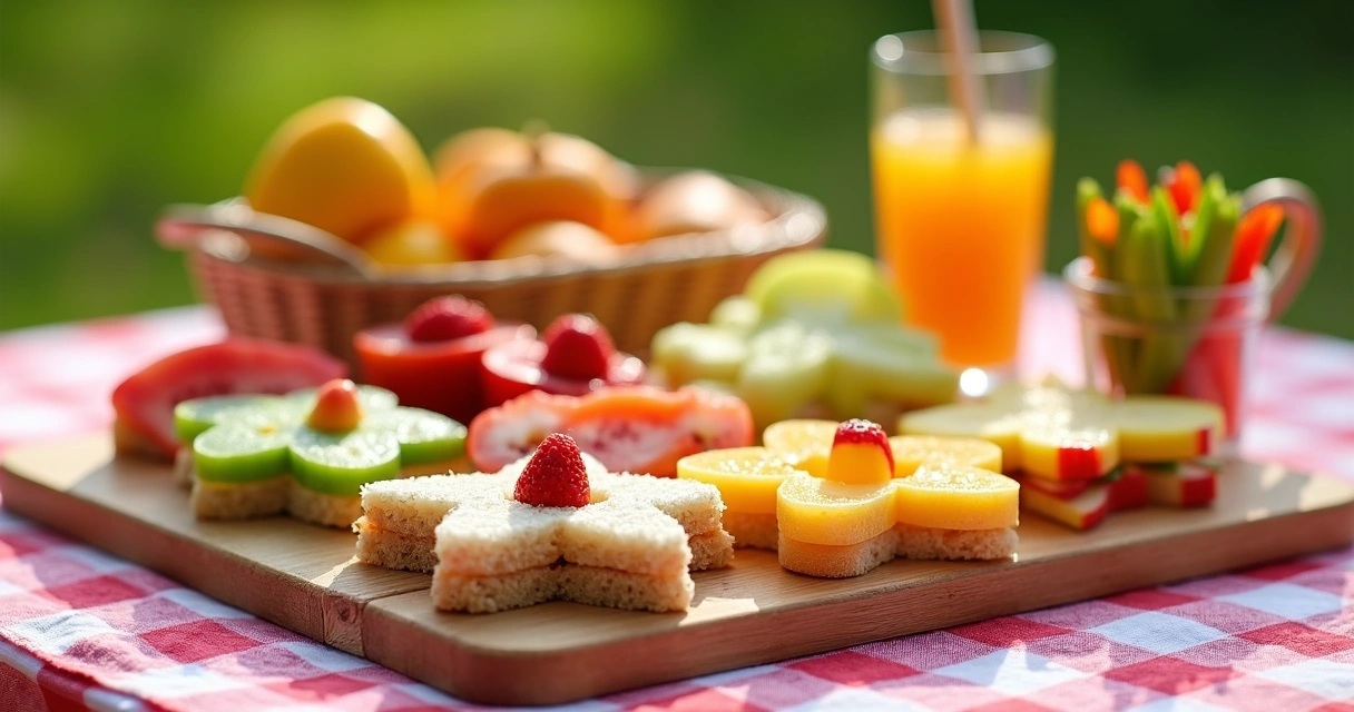 Lanches de piquenique coloridos e criativos, com frutas fatiadas, sanduíches em formato divertido e vegetais em potinhos 