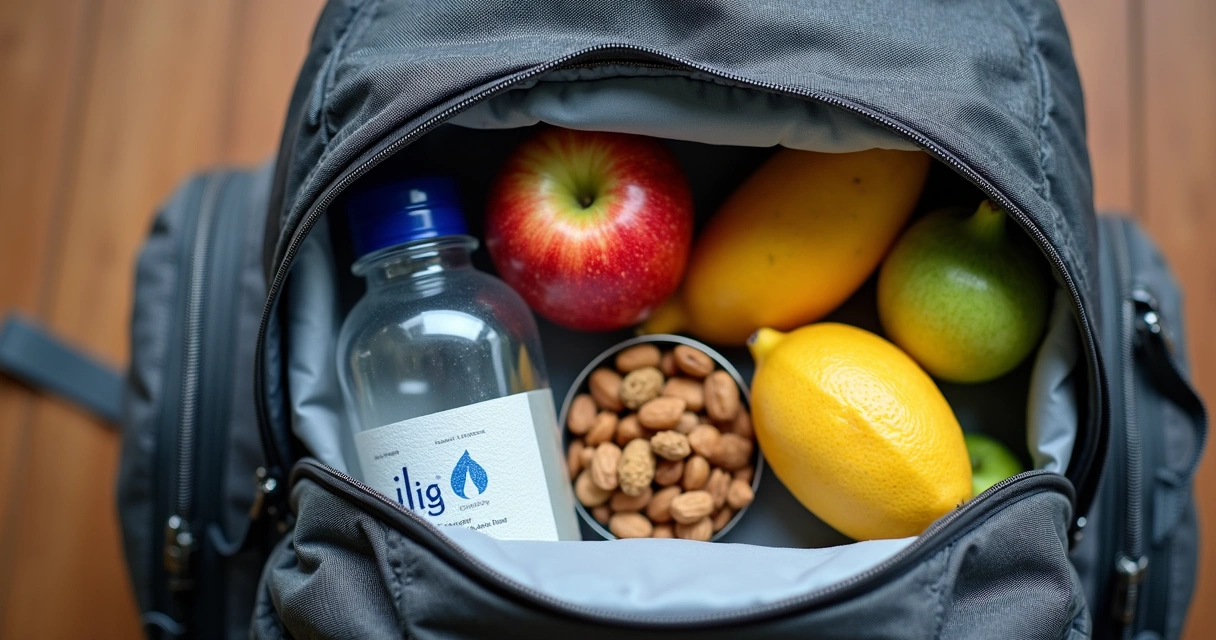 Lanches saudáveis organizados em uma mochila de viagem aberta