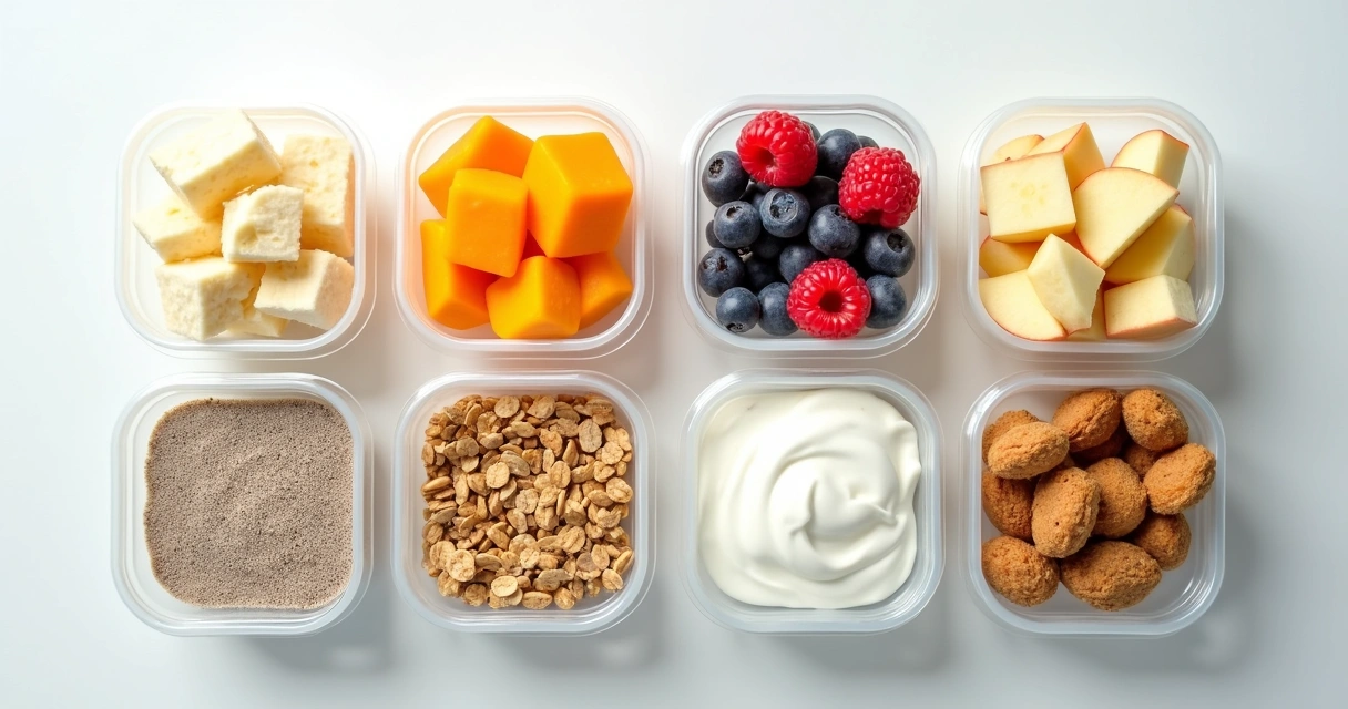 Pequenos potes com lanches saudáveis como frutas picadas e iogurte 