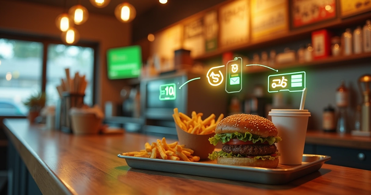 Balcão de lanchonete moderna com área de preparo ao fundo e ícones de pedidos digitais flutuando sobre a cena 