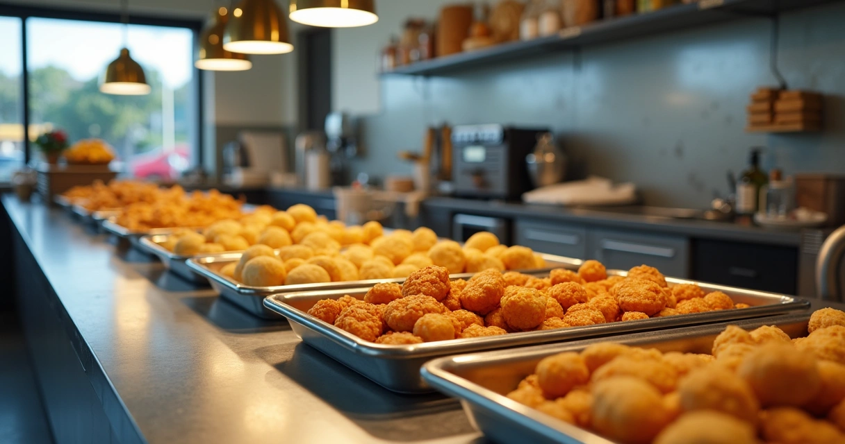 Bancada de inox organizada com salgados prontos para venda 