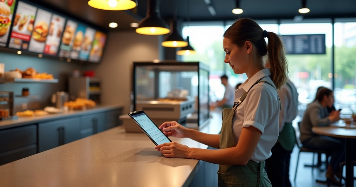 Funcionário de lanchonete usando tablet para automatizar pedidos, com ambiente moderno e cozinha ao fundo 