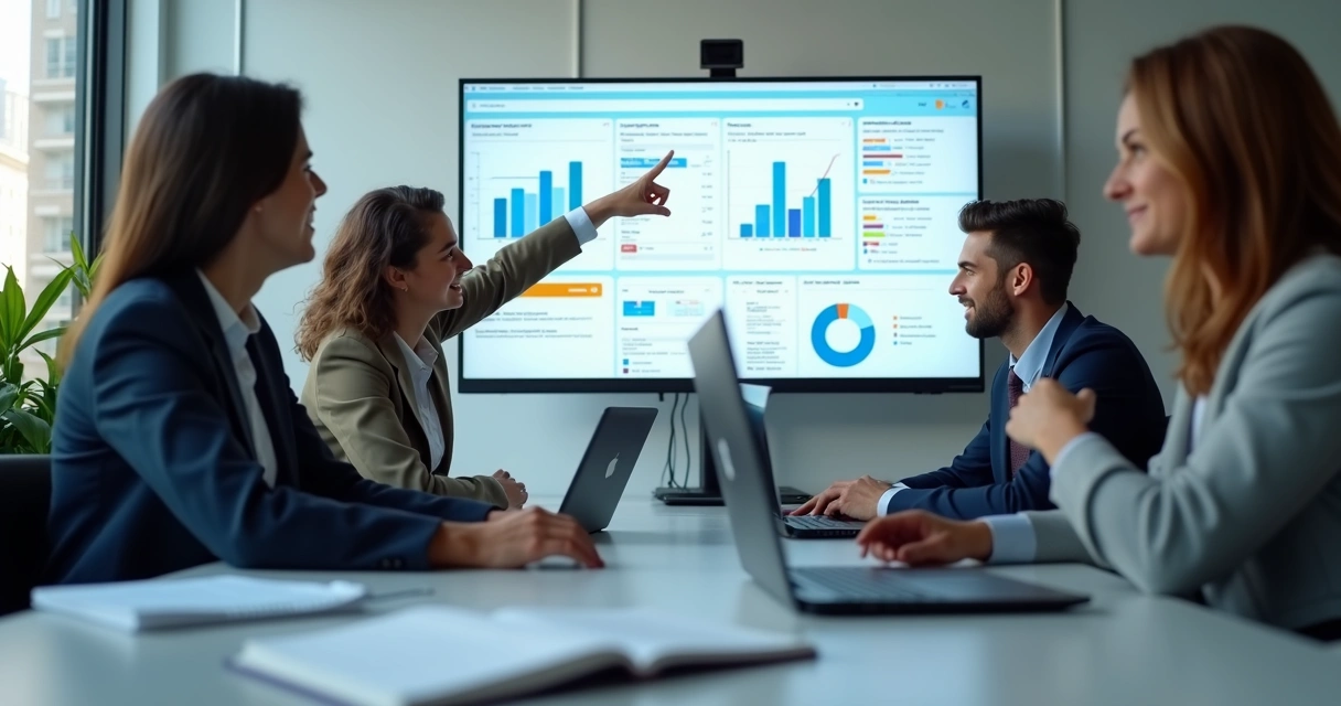 Sit-down meeting reviewing landing page feedback and analytics on a screen