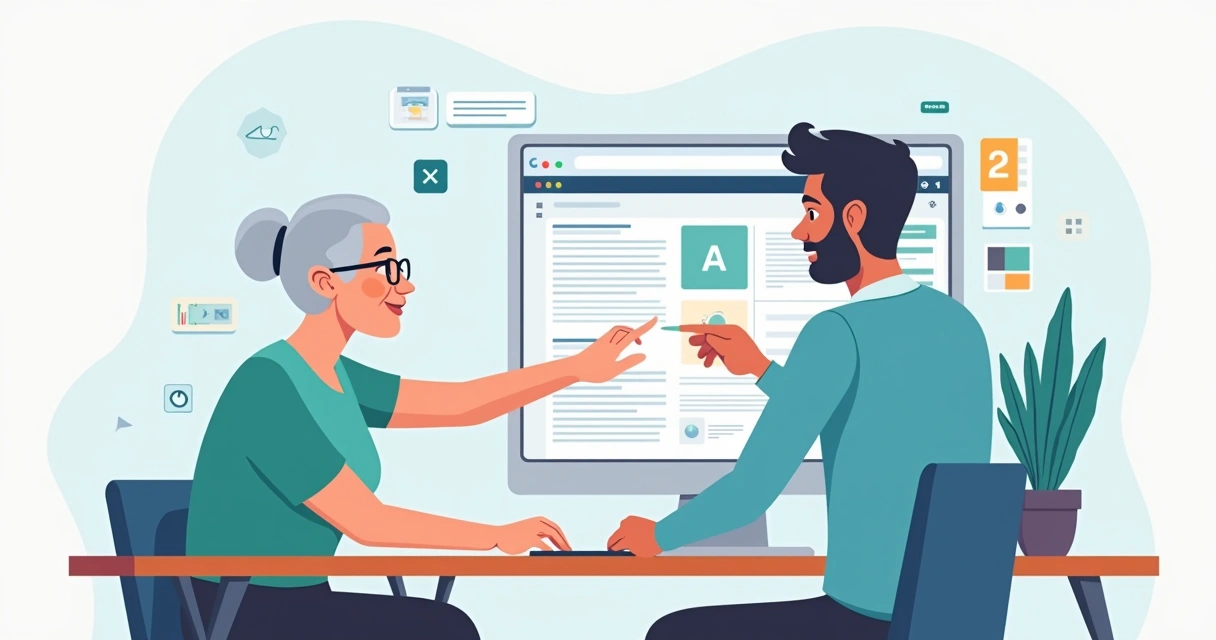 Profissional criando landing page acessível em tela grande para público 50+. 