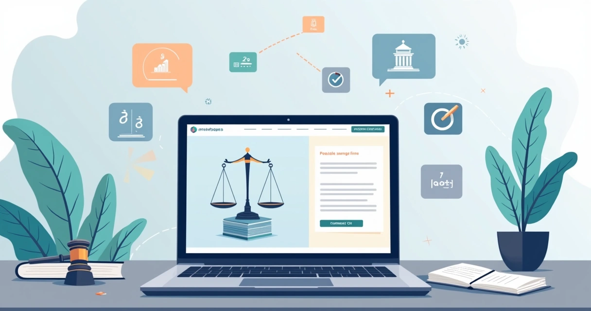 Landing page de escritório de advocacia em notebook sobre mesa elegante 