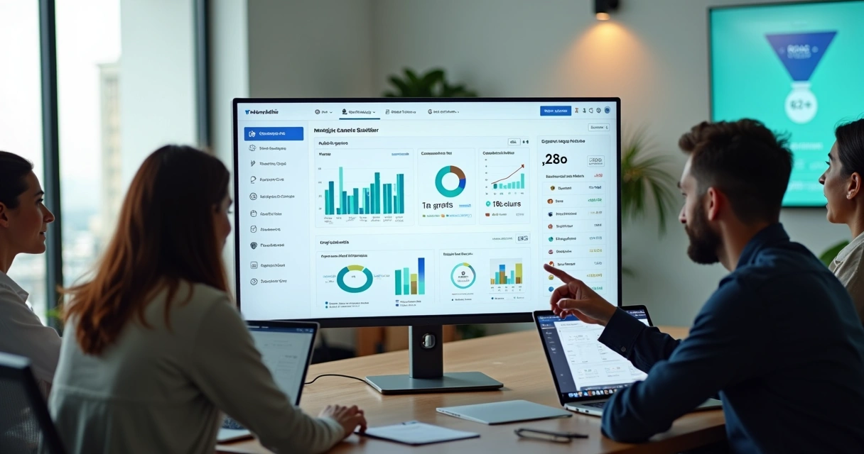 Equipe de agência analisando desempenho de landing pages em dashboard na tela 