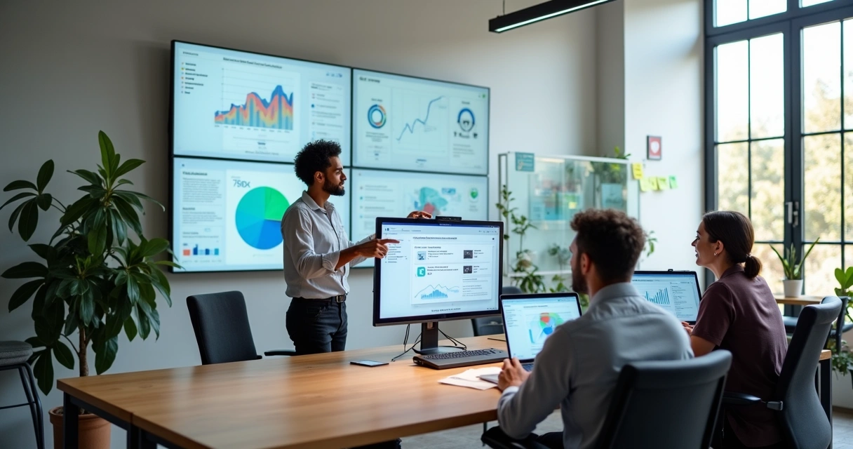 Equipe de marketing analisando landing page de campanha em vários monitores 