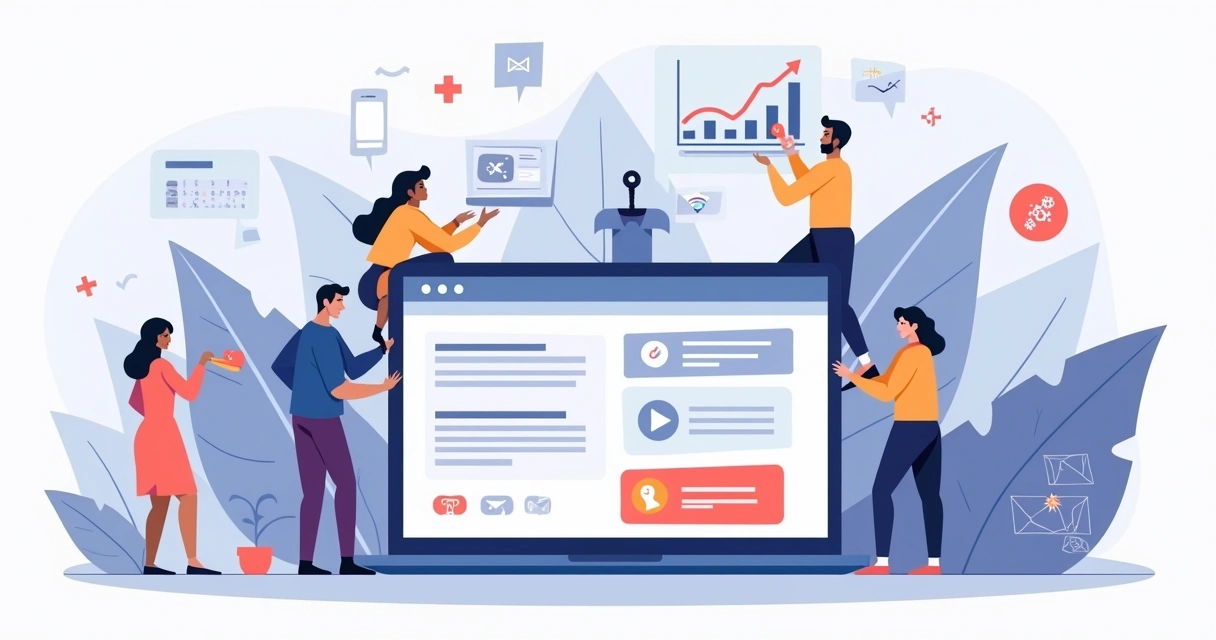 Ilustração de profissionais criando uma landing page de alta conversão em tela de notebook 