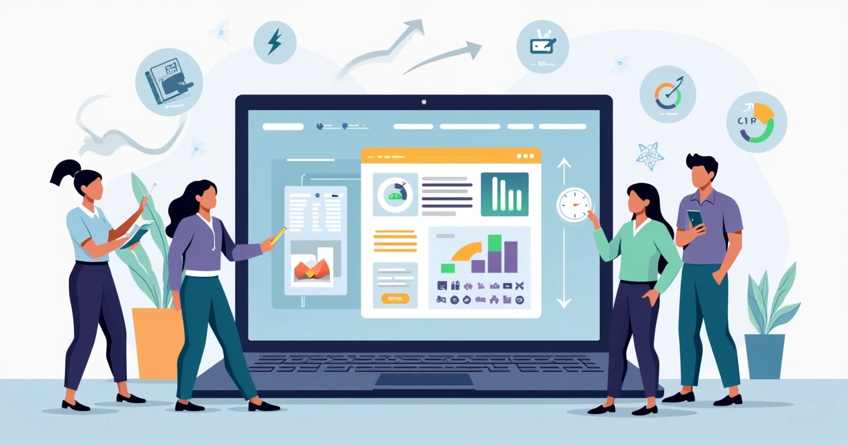 Ilustração de profissionais analisando uma landing page de alta conversão no GreatPages em um notebook 