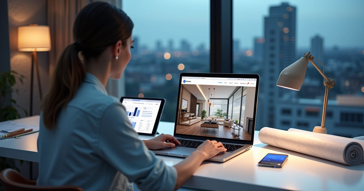 Arquiteta analisando landing page de arquitetura em notebook com gráficos de resultados 