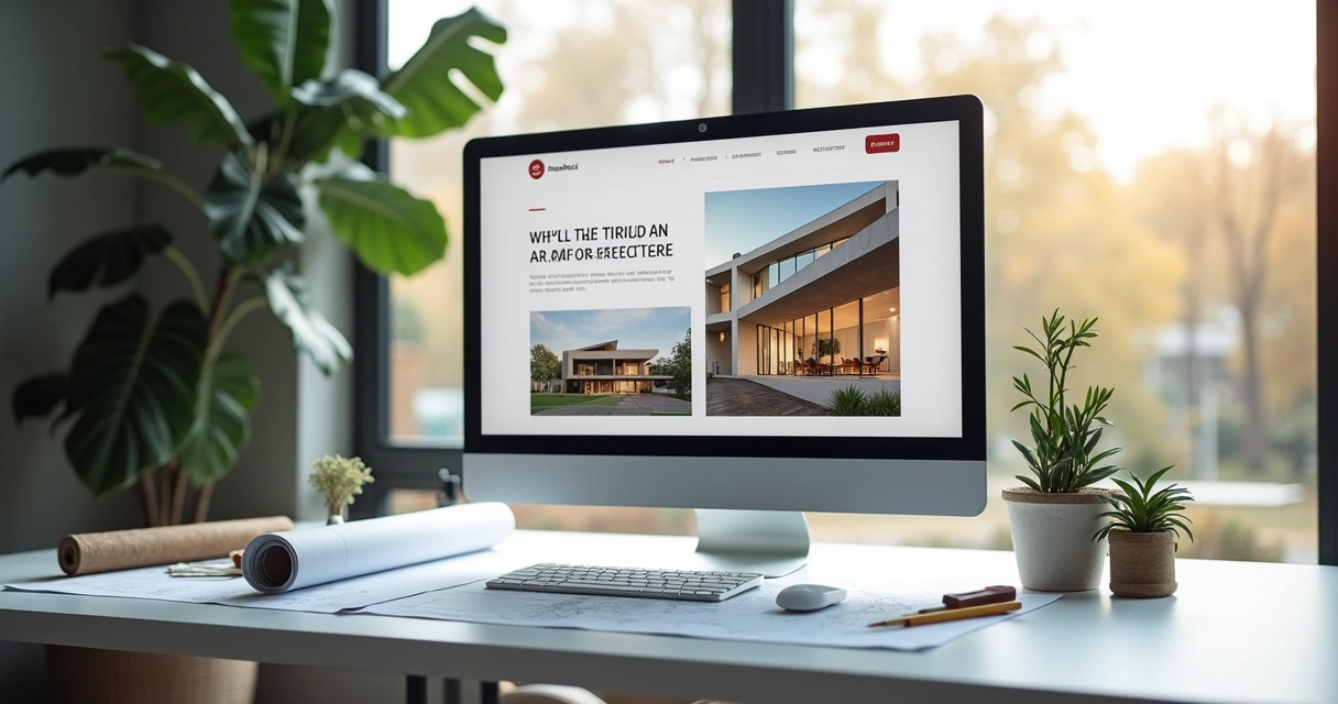 Computador mostrado página de destino de site de arquitetura em ambiente moderno de escritório 