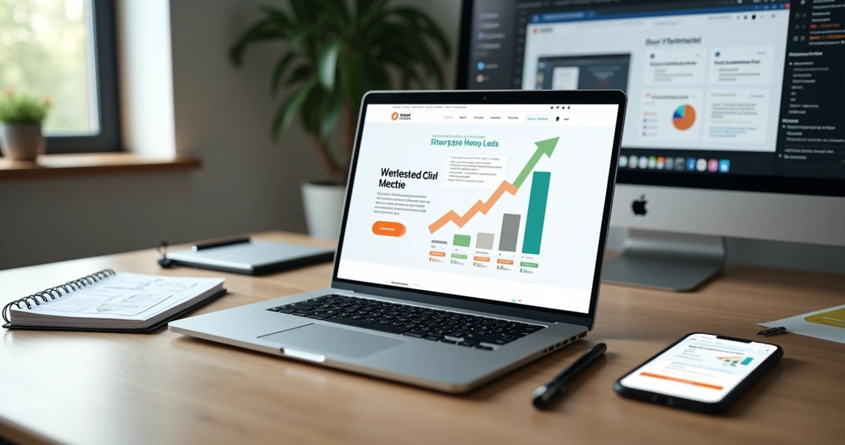 Tela de laptop mostrando landing page com gráfico de conversão em alta ao lado 