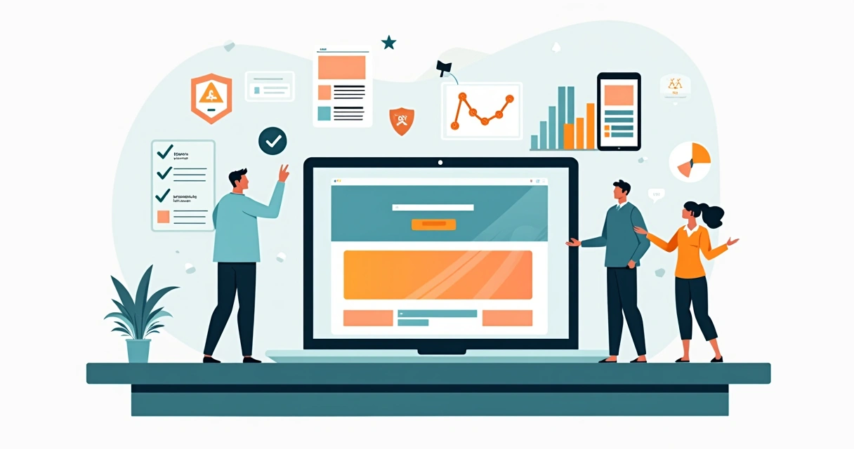 Ilustração de checklist de landing page eficiente em tela de notebook com elementos de conversão ao redor 
