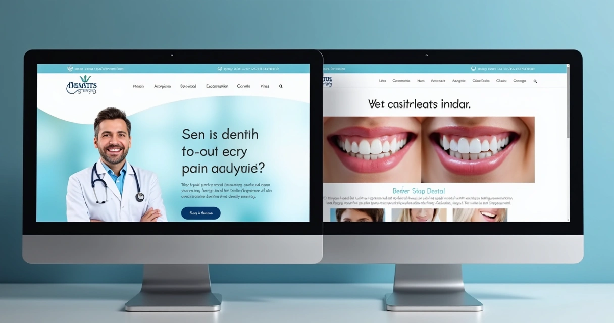 Duas landing pages de clínica odontológica lado a lado mostradas em computadores 