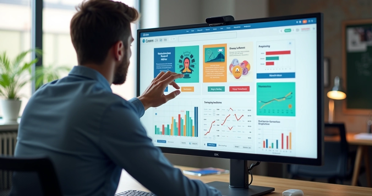 Pessoa montando landing page no construtor visual com blocos modulares 