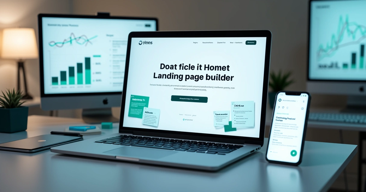 Tela com landing page, gráfico de conversão e botão de cadastro em destaque 