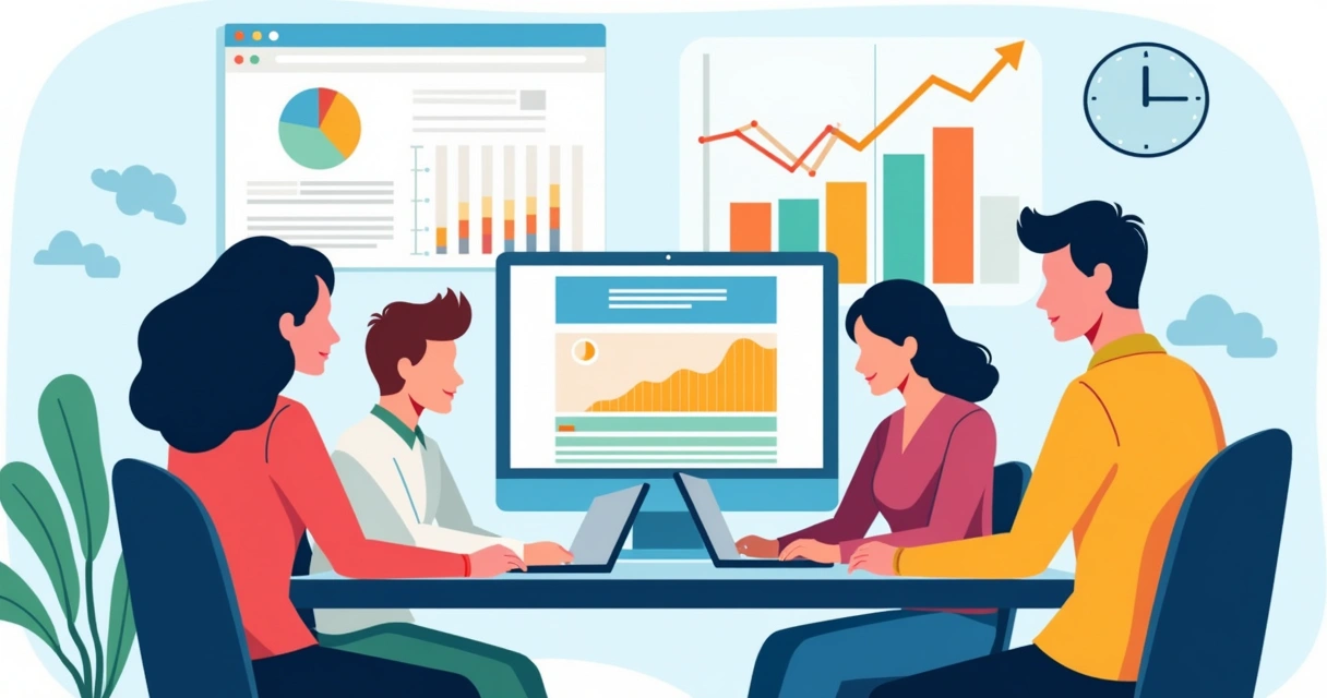 Equipe criando landing page no notebook com gráficos de conversão ao fundo 