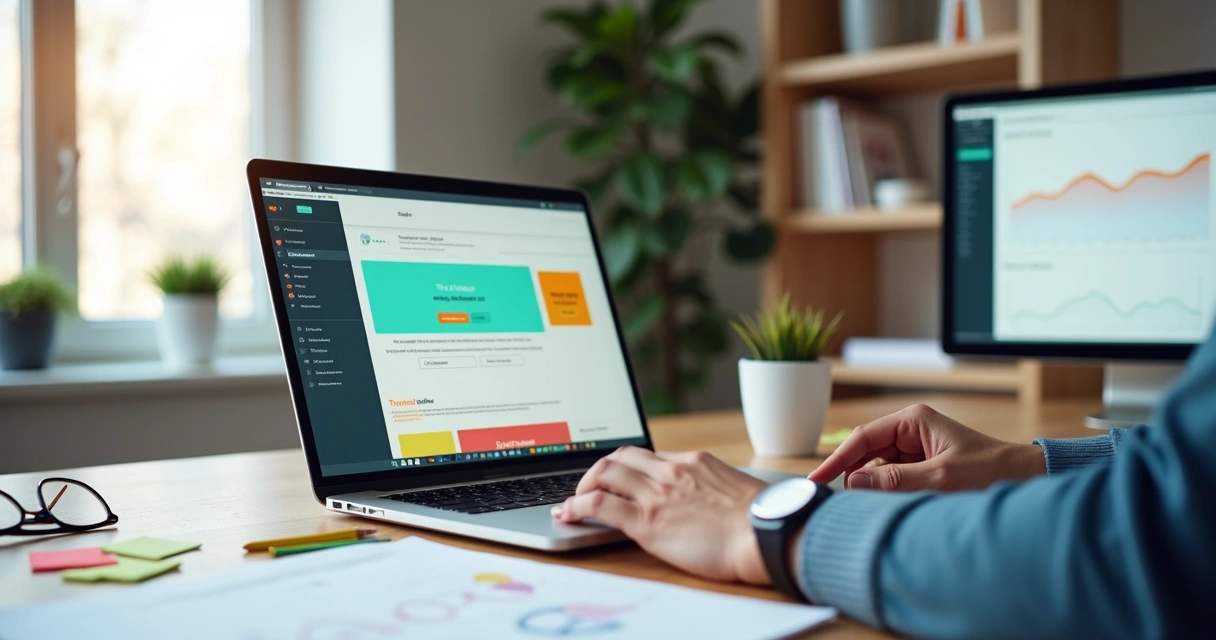Profissional criando landing page em laptop com destaque para botão de chamada para ação 
