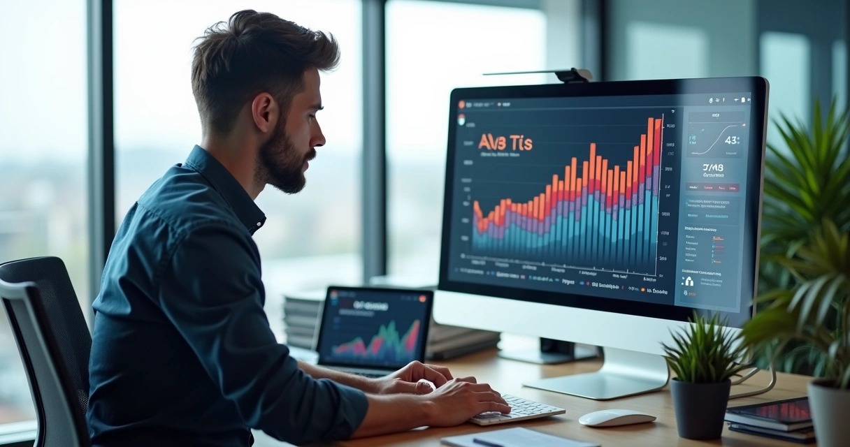 Homem analisando gráfico em tela de computador com desempenho de página de conversão 