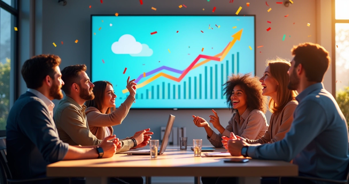 Equipe comemorando aumento da conversão em landing page 