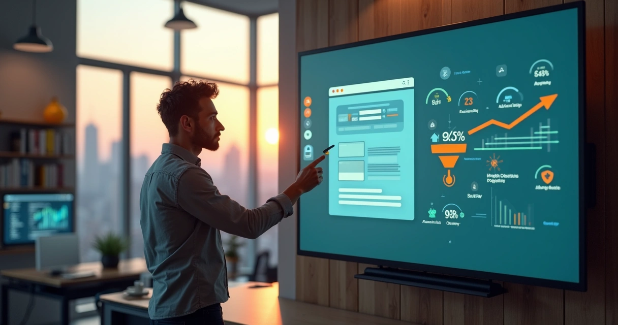 Profissional apontando para painel com funil de conversão e landing page em destaque 