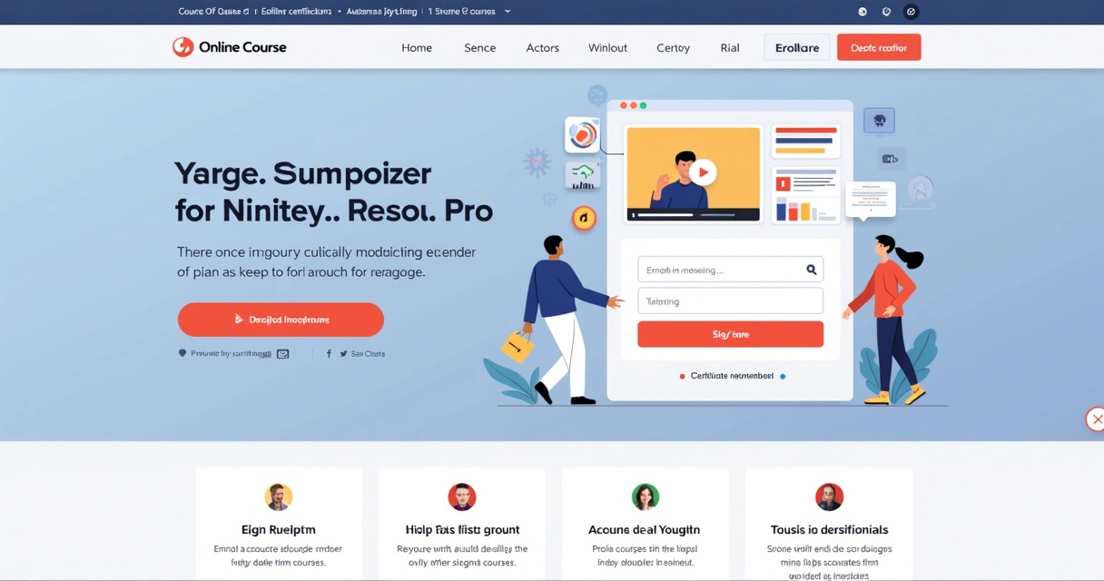 Landing page de curso online com layout moderno, elementos visuais e certificado destacado 