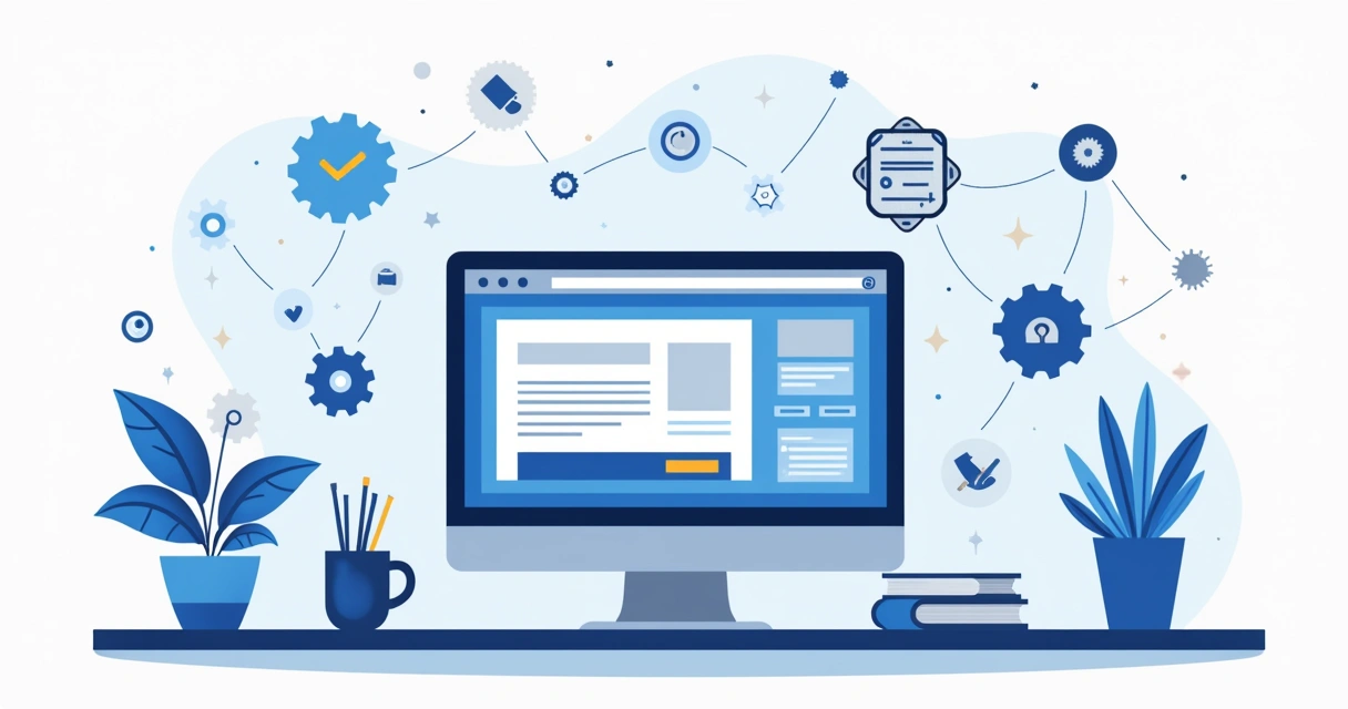 Ilustração flat corporativa mostrando computador com landing page em construção usando v0.dev e ícones de inteligência artificial no design 