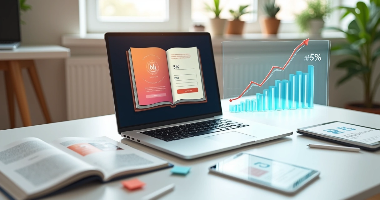 Tela de notebook exibindo landing page de ebook com gráfico de conversão ao lado 