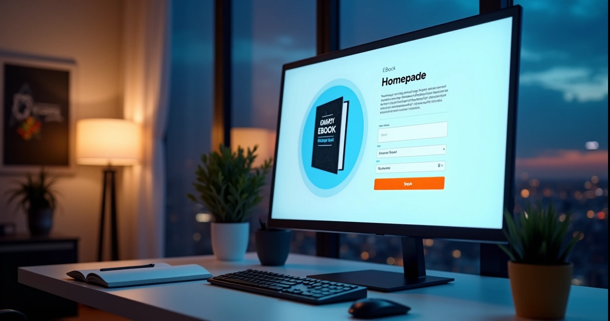 Tela de computador exibindo landing page de ebook com elementos de conversão em destaque 