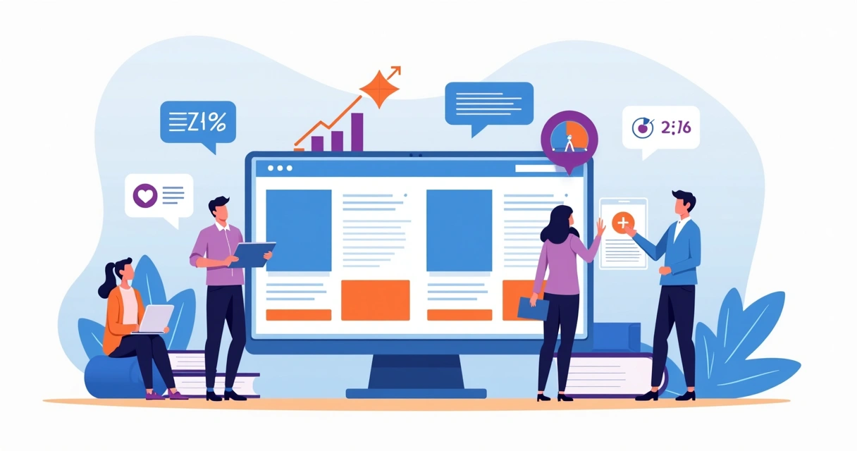 Ilustração de landing page de ebook com destaque para formulário e gráficos de conversão 