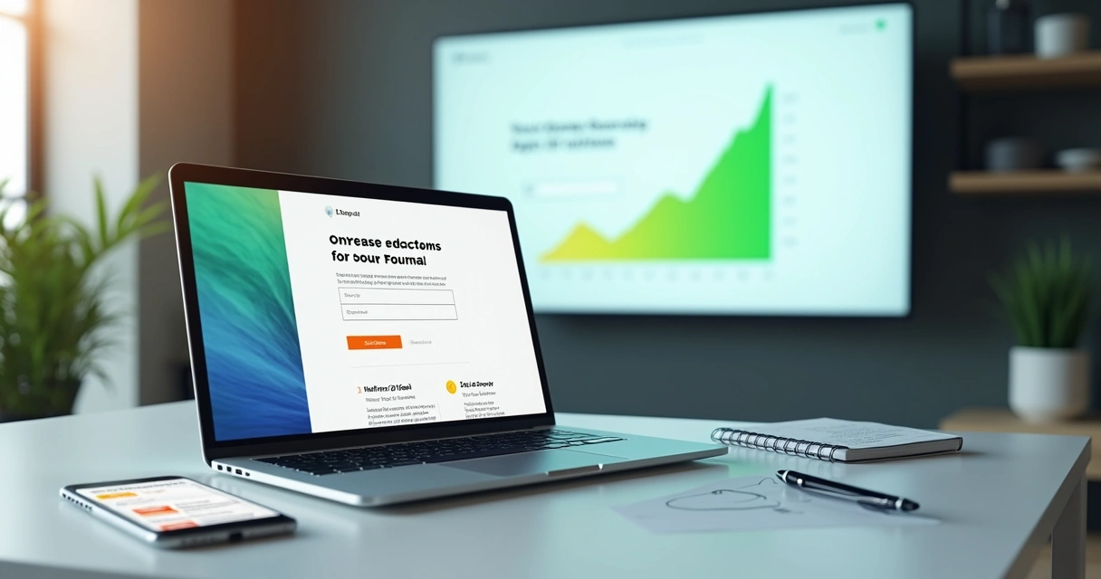 Tela de notebook exibindo landing page de ebook com gráfico de conversão em alta ao fundo 