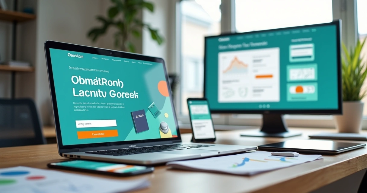 Pessoa criando landing page de ebook em laptop com gráficos de conversão ao fundo 